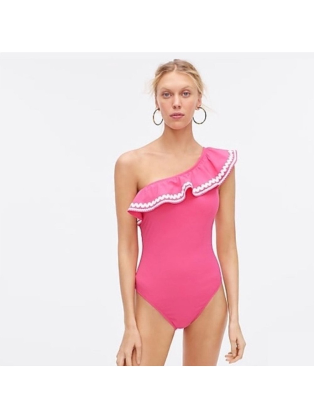 J. Crew Pink One-Shoulder Ruffle Swimsuit With White Trim Size 10